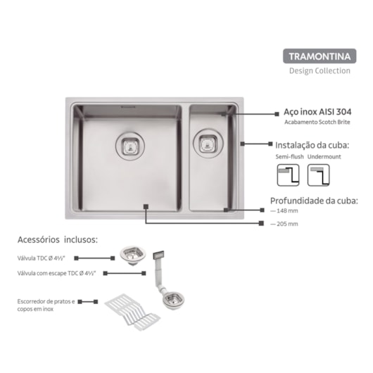 Cuba Inox Design Collection Quadrum Scotch Brite C/ Acessórios 66X46Cm Tramontina - Imagem principal - dc4c0f87-e893-4841-96fa-dd154d5661f8