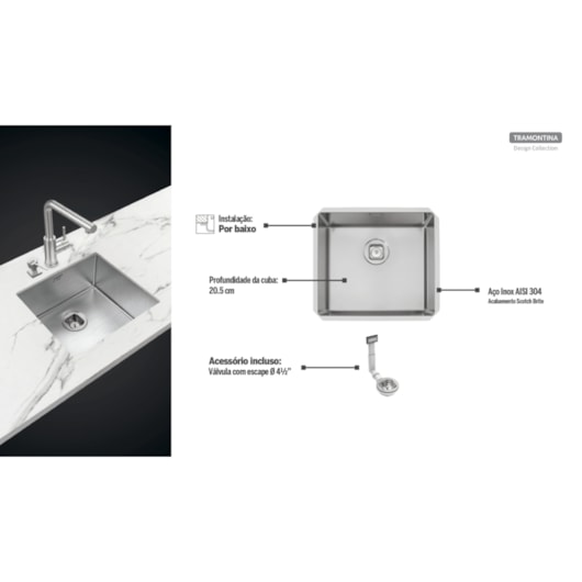 Cuba Inox Quadrum Undermount Tramontina 45x40x20,5cm - Imagem principal - 9b617670-4407-4fe1-84e6-7d4f0c80d17c