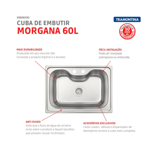 Cuba Morgana 60 FX Undermount Acetinado com Acessórios Tramontina - Imagem principal - 2ba6cd63-029c-4b27-b22b-e7673ffaaf7f