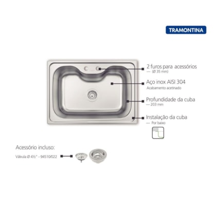 Cuba Morgana 60Fx Undermount Em Aço Inox Com Monocomando, Dosador E Valvula 60FX Tramontina