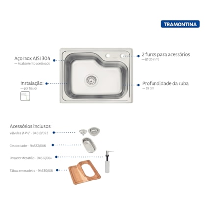 Cuba Morgana Compact 48 FX Undermount em Aço Inox + válvula, tábua de madeira, cesto coador e dosador de sabão Tramontina