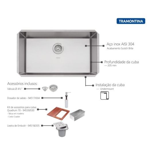 Cuba Quadrada De Embutir Design Collection Quadrum Undermount Em Aço Inox Com Dosador De Sabão, Tábua, Cesto E Lixeira Tramontina 70x40cm - Imagem principal - fd83cf00-9195-4e3c-be66-690d4f7169ca