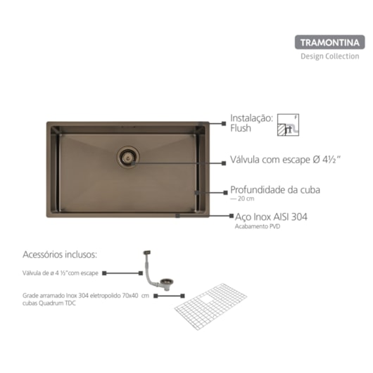 Cuba Quadrum Aço Inox Pvd Black Tramontina 70x40 cm - Imagem principal - d3b04a56-124f-4225-8e8f-5249114b11c3