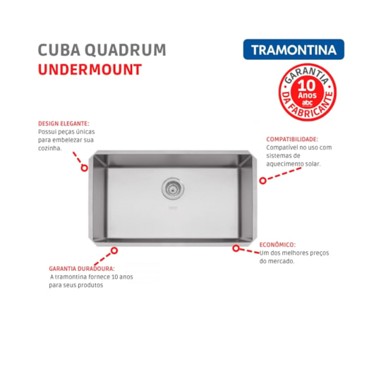 Cuba Quadrum Undermount Inox Com Válvula 70x40 Tramontina - Imagem principal - 4d693eb4-b12c-43af-8316-aa7a64074248