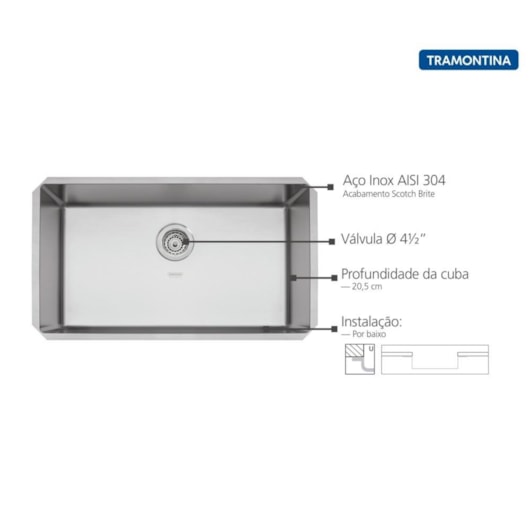 Cuba Quadrum Undermount Inox Com Válvula Escovado Tramontina 70x40cm - Imagem principal - 5a3eed22-37aa-45aa-96d2-35d6396527f3