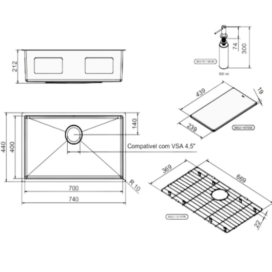 Cuba Simples Em Aço Inox Escovado Com Acessórios Bistro Docol 70x40x20cm - Imagem principal - b00b63fb-73f5-4d04-8102-3b192777d0df