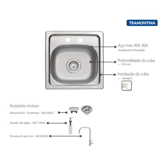 Cuba Sobrepor Inox 38x38 Tramontina - Imagem principal - 2adb3c90-c354-4e7c-b69e-c1b2926c90bf