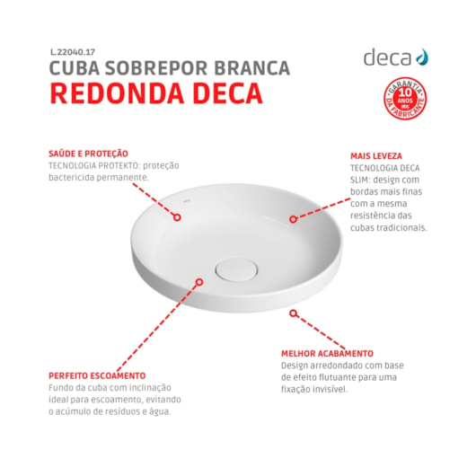 Cuba Sobrepor Redonda Branco Deca  40cm - Imagem principal - 114720ca-eace-4e1e-bef1-1e80937840bd