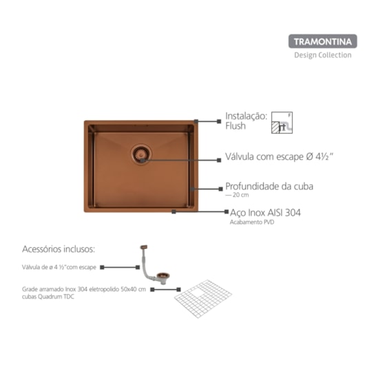 Cuba Tramontina Design Collection Quadrum em Aço Inox com Revestimento PVD Rose Gold 50x40 cm - Imagem principal - 42d1c857-831c-4c73-b668-29d729519135