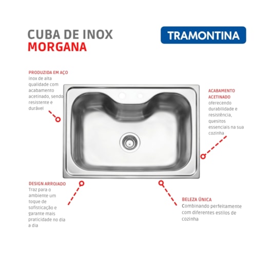 Cuba Undermount Morgana 60 FX Escovado Tramontina 40L 69x49cm - Imagem principal - 4bd4a671-874e-4fef-9fa6-95fa4981a630