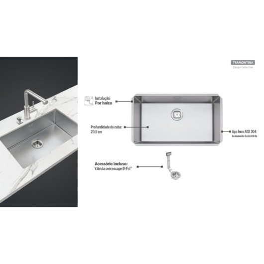 Cuba Undermount Quadrum 70x40 Com Válvula Inox Tramontina - Imagem principal - f02220ef-aae9-453a-becd-b6bf68666165