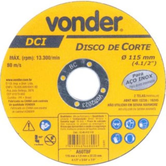 Disco De Corte Dci Inox Vonder 11,5x0,1x2,22cm - Imagem principal - d74c13b1-ce36-43fa-bbc0-a493fa20d303