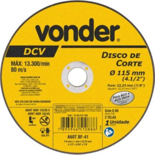 Disco De Corte Dvc Vonder 115x1x22,23mm - Imagem principal - 0a0c0e5e-736b-4645-81d5-b6e3c39c49b9