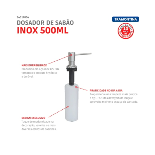 Dosador de Sabão Aço Inox Tramontina 500 ml - Imagem principal - 369ad8d0-9f56-447f-b889-de9434f41443