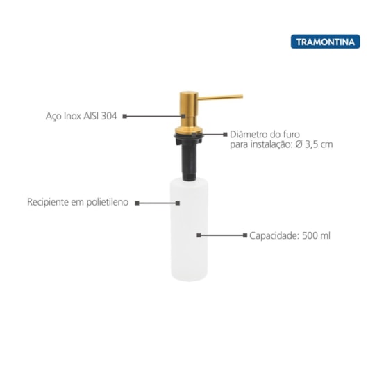 Dosador De Sabão Em Aço Inox Gold Com Recipiente Plástico 500Ml Revestimento Pvd Tramontina - Imagem principal - 0c185be6-e769-4ab1-80ac-2e1cbe295dd5