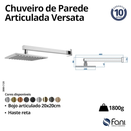 Ducha Articulada De Parede Versata 120 Cromado Fani - Imagem principal - c4fd3b88-00b7-4876-85fc-af38b1c157ca