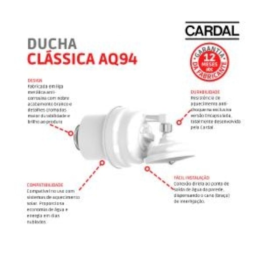Ducha Classica Aq94 4 Temperaturas Branco Cardal 220v 7600w - Imagem principal - 0a396850-b64a-45af-ad15-9d5c4b34a62d