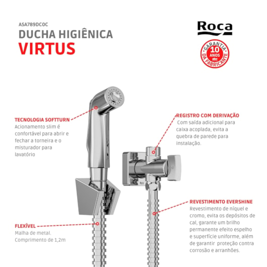 Ducha Higiênica Com Derivação Virtus Cromado Roca - Imagem principal - 4c097fe3-491b-49bc-8aef-e39f9c9f05e8