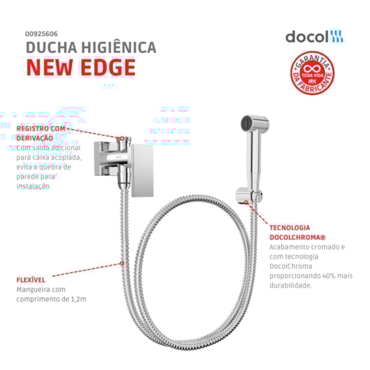 Ducha Higiênica Com Registro E Derivação New Edge Cromada Docol - Imagem principal - 95b8aab9-7b74-4f7d-88c1-c90ad032b21d