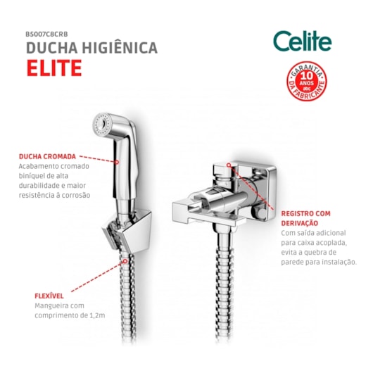 Ducha Higiênica Elite Com Derivação E Registro Cromada Celite - Imagem principal - 74384f8d-7b21-426b-a639-0e43a7d498c0