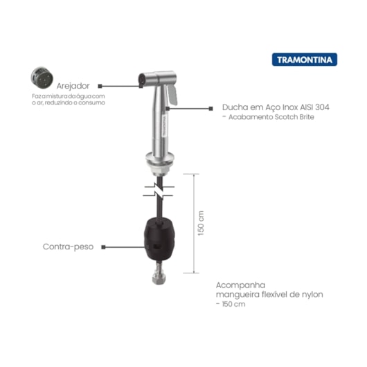 Ducha Manual para Cozinha em Aço Inox com Extensor Tramontina - Imagem principal - 940fe4ef-8f50-4a38-94b7-6e438e0fea52