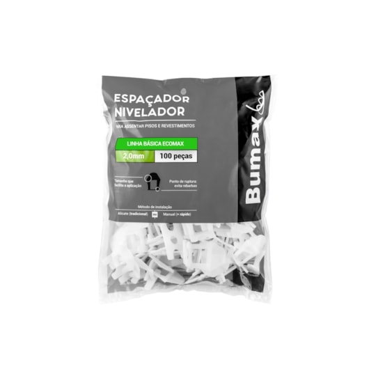 Espaçador Nivelador Basico Ecomax 2,0mm Pacote Com 100 Unidades Para Revestimentos Até 70x70cm Bumax - Imagem principal - 107c9825-dbfc-4a97-bc54-b488d5244fed
