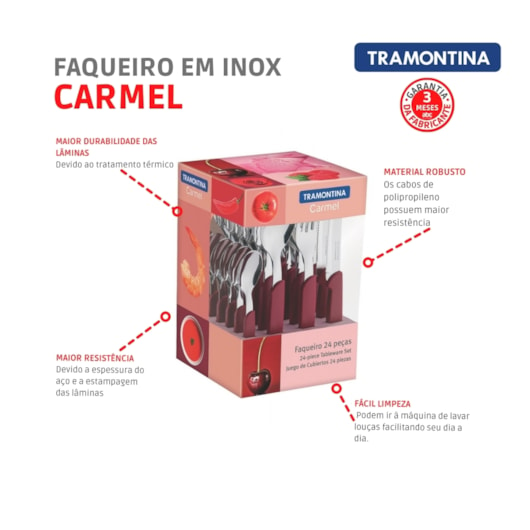 Faqueiro Em Inox Carmel Com 24 Peças Carmín Escuro Tramontina - Imagem principal - 5b32df0b-f31e-4b0c-8597-1d8f16fe963d