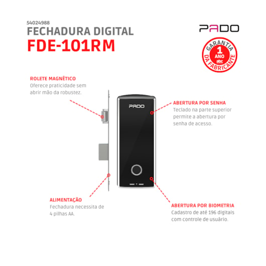 Fechadura Digital FDE101-RM Com Senha e Biometria De Embutir Rolete Magnético Preto Pado - Imagem principal - 902c6cb0-713b-4bd4-8f6b-39796bd59b7f