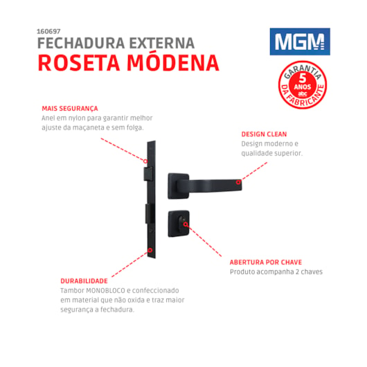 Fechadura Externa Roseta Módena Preto Fosco MGM 40mm  - Imagem principal - a1e69175-975d-422e-b09e-4101cb5e92fa