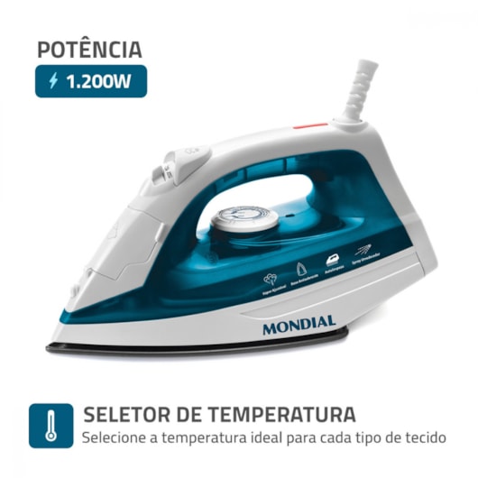 Ferro A Vapor F32 Branco E Azul Mondial 127V 1200W - Imagem principal - 8d0c67a1-cc25-44dc-bec5-15cfc3b45492