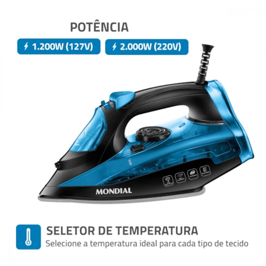 Ferro A Vapor F53 Preto E Azul Mondial 127V 1200W - Imagem principal - 4197a23e-6345-46bf-80b7-fc497fd0e688