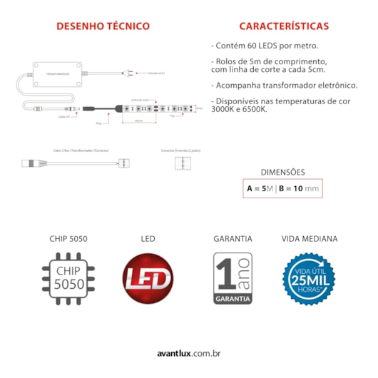 Fita De Led Interna 5m Ip20 Bivolt Avant 3000k 8w - Imagem principal - 92cf60cb-4b27-4008-b01e-ff2b21ba3a03