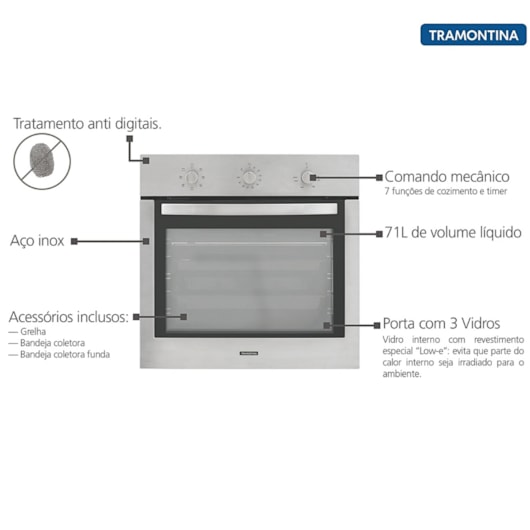 Forno Elétrico de Embutir New Inox Cook 7 Funções 71L Tramontina - Imagem principal - 1e3cc798-dd65-4677-b359-ae61e9f4aae3