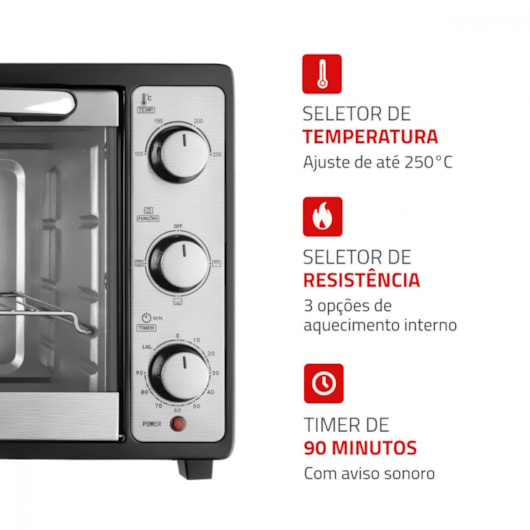 Forno Elétrico Grand Family Preto E Inox Mondial 52L 127V 1800W - Imagem principal - 8e1c5ae3-ada5-47fd-bd3e-435b286726b7