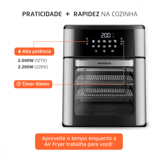 Fritadeira Air Fryer Forno Oven Preto Mondial 12L 127V 2000W - Imagem principal - 8f6b9e16-99c8-4ee4-a835-814ec5e31ac7