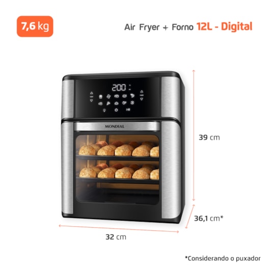 Fritadeira Air Fryer Forno Oven Preto Mondial 12L 127V 2000W - Imagem principal - 093e4080-7221-4fd7-beec-49906d63bba1