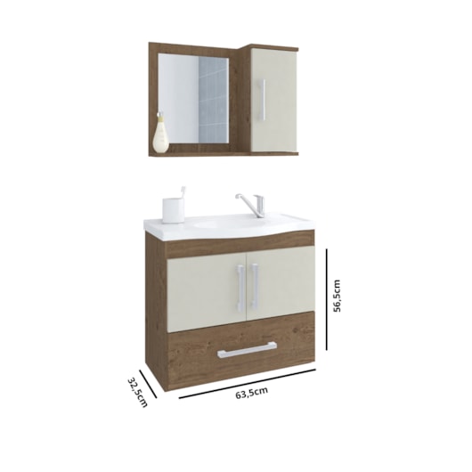 Gabinete Para Banheiro Com Lavatório E Espelho Atenas Amendoa E Off White MGM Móveis 65cm - Imagem principal - 81e8cad3-7a22-4c49-ab69-fe128165d847