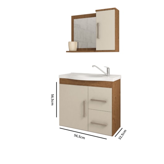 Gabinete Para Banheiro Com Lavatório E Espelho Vix Amendoa E Off White MGM Móveis 65cm - Imagem principal - 7733f0f3-936f-4fd0-b0b6-49f0aae14b5b