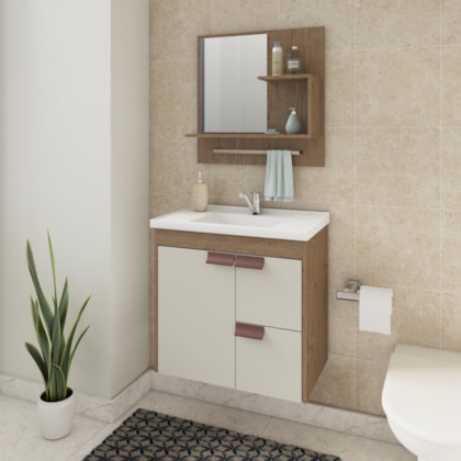 Gabinete Para Banheiro Com Lavatório Espelho Tulipa Amendoa E Off White MGM Móveis 59cm
