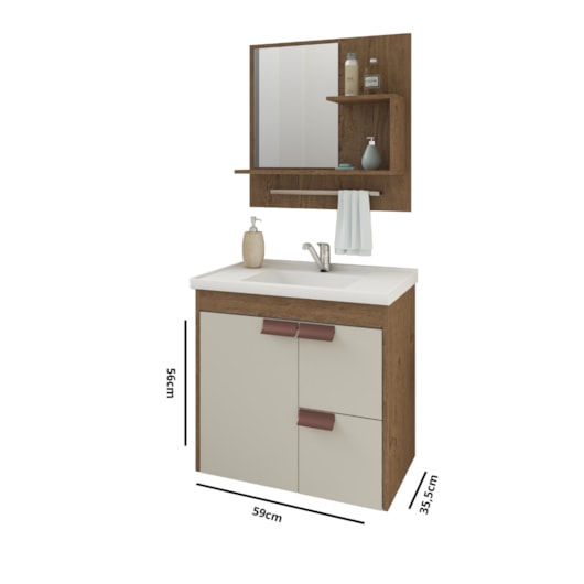 Gabinete Para Banheiro Com Lavatório Espelho Tulipa Amendoa E Off White MGM Móveis 59cm - Imagem principal - 121b9770-cb3d-4543-8566-1762adc13a00