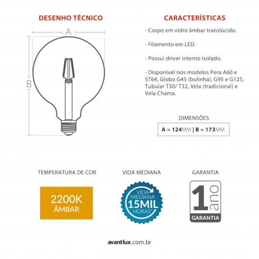 Globo Retrô 4w 2200k 360 Lúmens Bivolt Emissão De Luz Âmbar G125 Avant - Imagem principal - 1b76b167-b7c9-4d16-bde9-a9b3e029c652