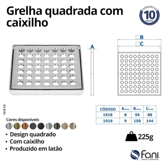 Grelha Quadrada Sem Fecho Com Caixilho 1918 BK Preto Fosco Fani 9,2cm - Imagem principal - 43ce0dbf-1f00-43c4-85db-a495fa84c133