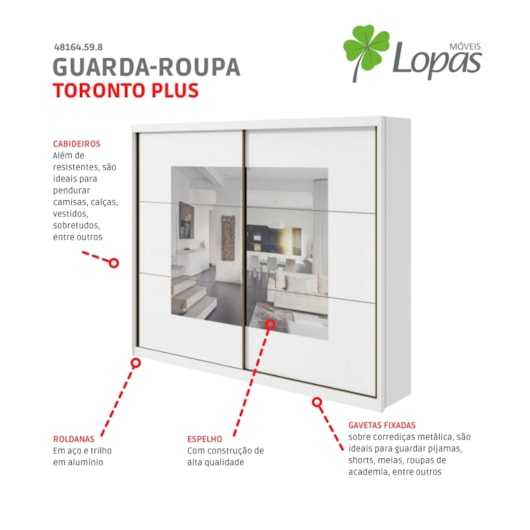 Guarda Roupa Casal Com Espelho 2 Portas 6 Gavetas Toronto Plus Branco Lopas - Imagem principal - c5085ce4-860d-47da-bc95-62ffc4e3cfd9