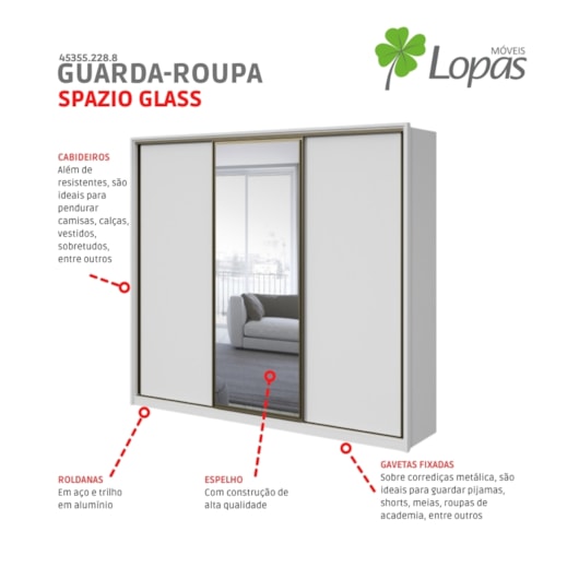 Guarda Roupa Casal Com Espelho 3 Portas 6 Gavetas Spazio Glass Branco Lopas - Imagem principal - faea38c7-7ccd-4aaf-9f73-8fa432de41a4