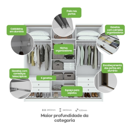 Guarda Roupa Casal Com Espelho 3 Portas 6 Gavetas Spazio Glass Branco Lopas - Imagem principal - 4e924f2b-b7d3-4c93-a869-d040961a7abb