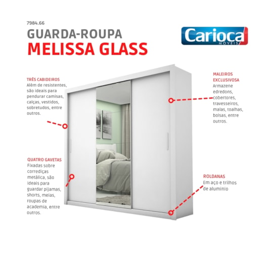 Guarda Roupa Melissa Glass 3 Portas Com Espelho Branco Carioca Móveis - Imagem principal - fdac6267-4d30-4cab-9cbf-bf327dc402ea
