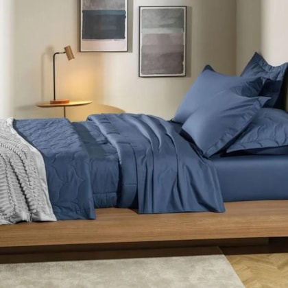 Jogo De Cama Tom Marinho Solteiro 200 Fios Karsten 180x250cm