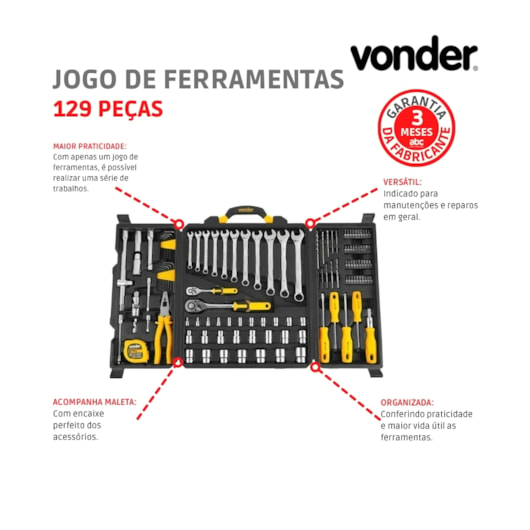 Jogo De Ferramentas Com 129 Peças Embalagem Fechada Vonder                                                       - Imagem principal - 0f0512a0-4fc9-4b05-b805-db4f6ce1758c