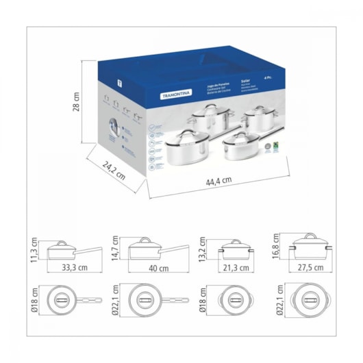 Jogo De Panelas Em Inox Solar Com 4 Peças Tramontina - Imagem principal - 0af3b929-fbd1-4ac3-81ac-190fdf51c9e7