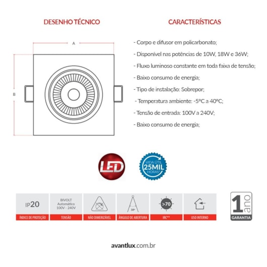 Kit 5 Spots Supimpa Quadrados 5w 3000k Emissão De Luz Amarela Avant 400 Lúmens - Imagem principal - 36269148-66a0-40ae-9e35-7a8bbe412529